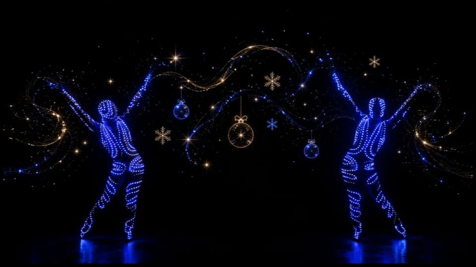 Brilho de Natal — dois personagens de luz em azul com ornamentos dourados
