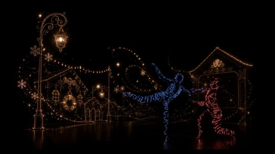 Brilho de Natal — personagens de luz azul e vermelho em vila iluminada