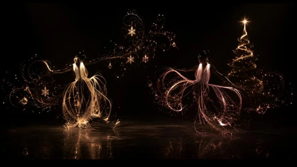 Brilho de Natal — bailarinas de luz dourada e rosa junto à árvore de Natal